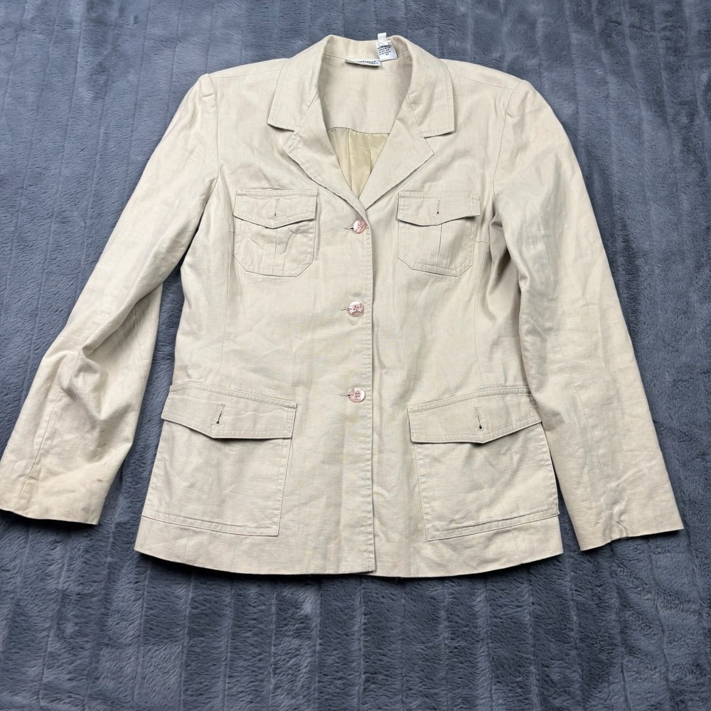 Newport News Jeanology Tan Linen Blend Utility Safari Blazer Jacket Size 10